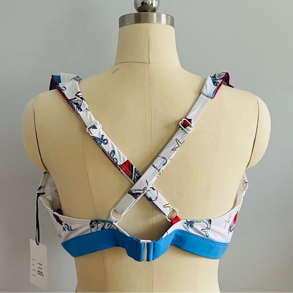 Unique Vintage White & Blue Nautical Print Ruffle Swim Top- Size 2X (18)- NWT - Picture 6 of 10